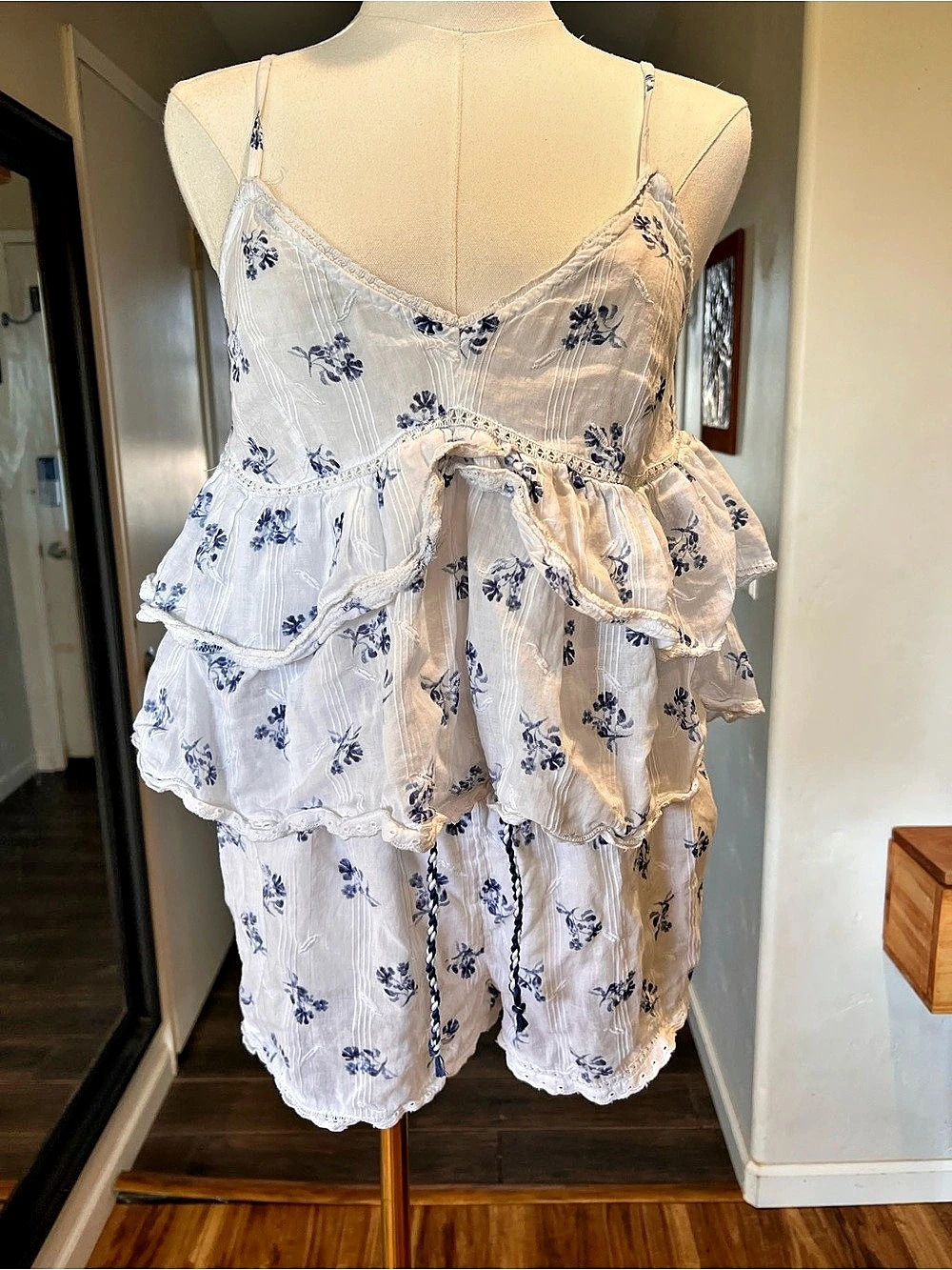 Joie Cotton Pajama Set in White & Blue Small